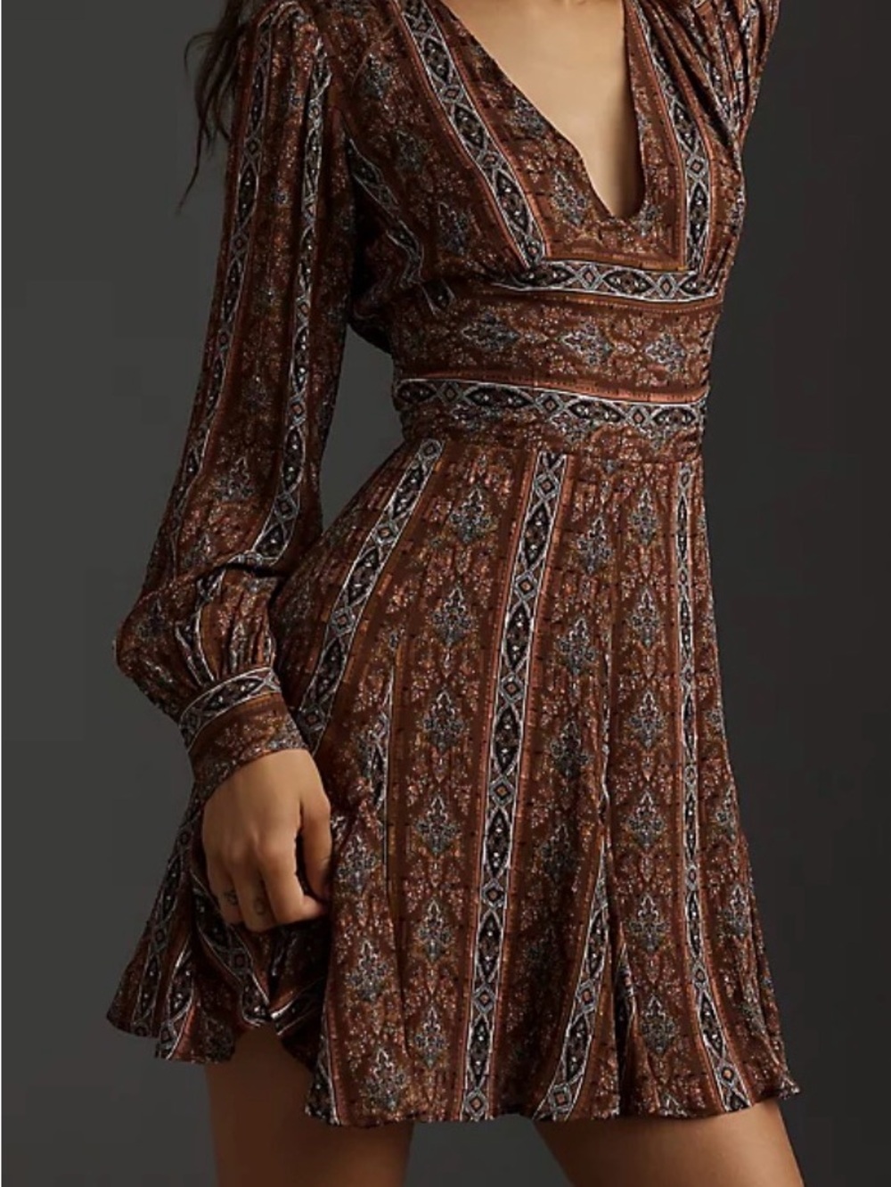 PAIGE Bucatini Multi-Color Silk Blend Long-Sleeve V-Neck Mini Dress